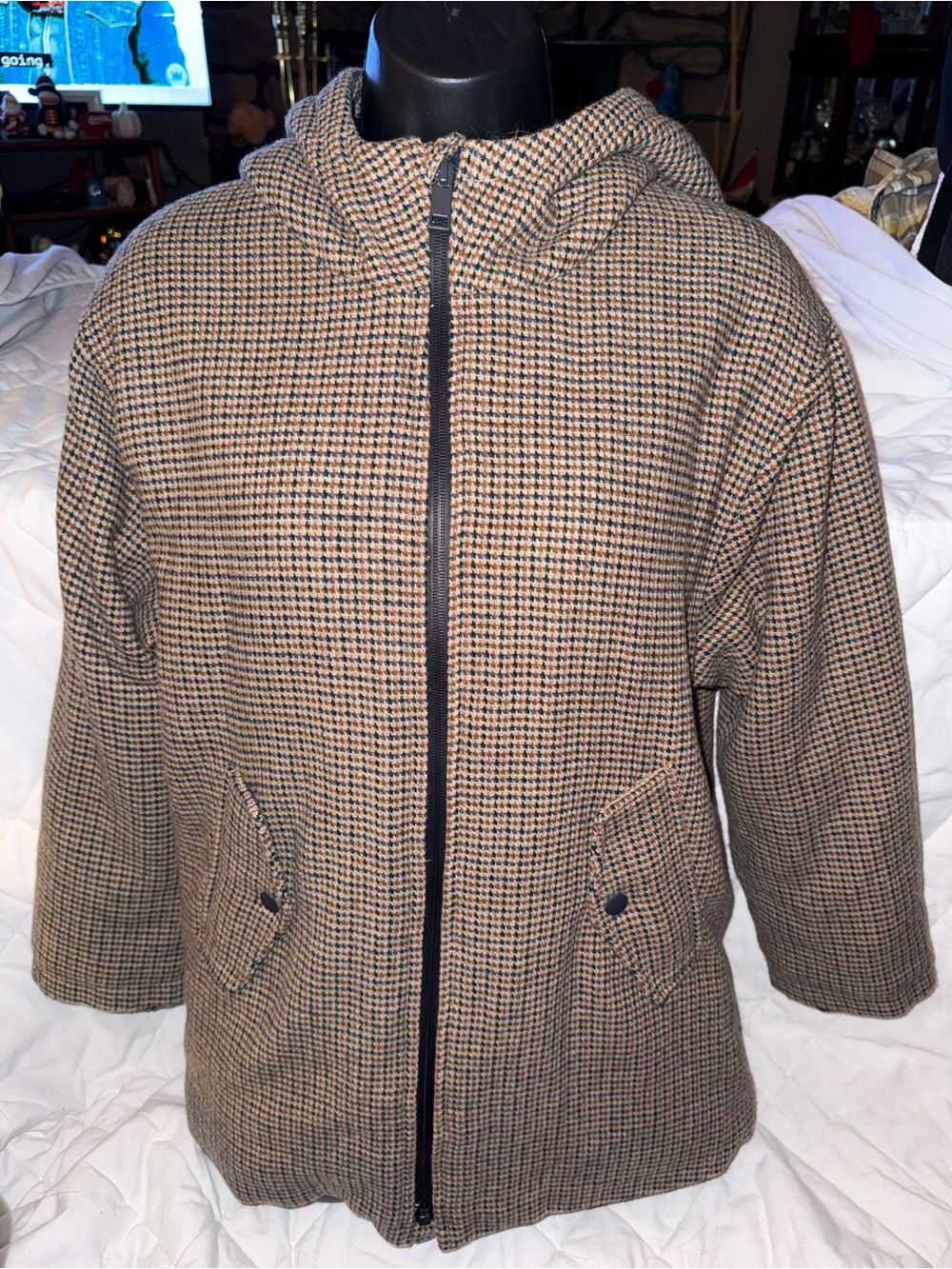 Zara Kids Houndstooth Wool Blend Coat